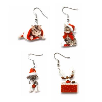 China Christmas Holiday Cute Cat Dog Reindeer With Xmas Hat Acrylic Dangle Earrings For Women for sale