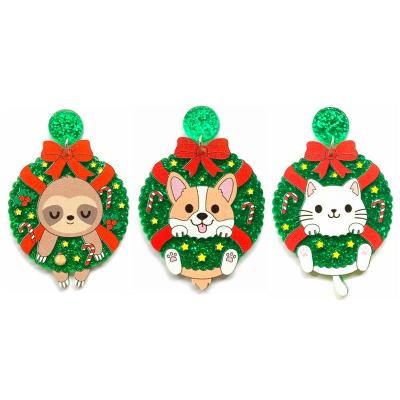 China Cute Christmas Cute White Garland Cat And Corgi Glitter Green Sloth Animals Acrylic Stud Earrings for sale