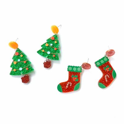 China TRENDY Trendy Glitter Christmas Socks and Glitter Green Red Christmas Tree with Acrylic Gift Drop Stud Earrings for sale