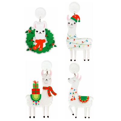 China Cute Christmas Cute Glitter White Alpaca Llama With Gifts Braid Bulbs Acrylic Stud Earrings for sale