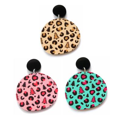 China Trendy Leopard Pattern And Christmas Tree Print Trendy Round Shape Acrylic Stud Earrings for sale