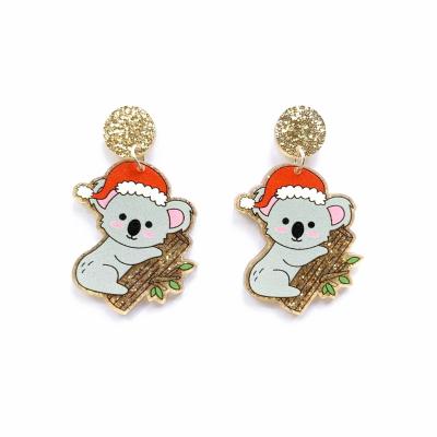 China Holiday Jewelry Gold Glitter Christmas Hat Koala Cute Hang On The Tree Acrylic Stud Earrings for sale