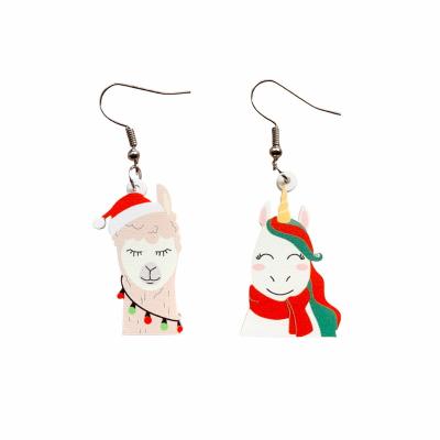 China Cute Cute Alpaca and Unicorn Red Scarf Asymmetric Acrylic Dangle Christmas Light Bulb Earrings for sale