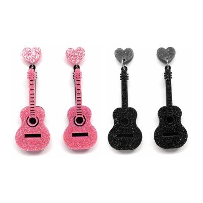 China Beautiful Cute Glitter Pink And Black Guitar Acrylic Heart Stud Earrings For Women for sale