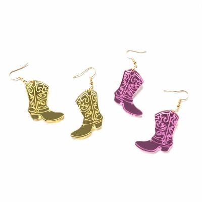 China Trendy Mirror Trendy Gold and Pink Laser Cut Style Cowboy Boots Acrylic Dangle Earrings for Women for sale