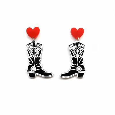 China FASHIONABLE Black Cowboy Boots With White Pattern Wild West Style Acrylic Red Heart Stud Earrings For Women for sale