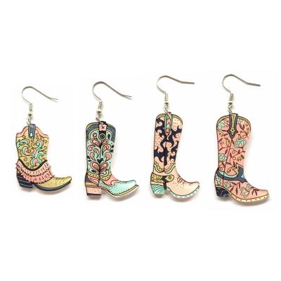 China Flower Pattern Print Colorful Antique UV Acrylic Romantic Cowgirl Chic Lovely Boots Dangle Charm Earrings For Women for sale