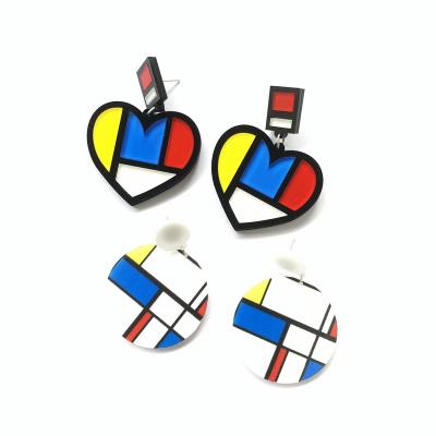 China FASHIONABLE Trendy Round and Heart Shape Mondrian Art Red Blue Yellow Geometric Acrylic Stud Earrings for Women for sale