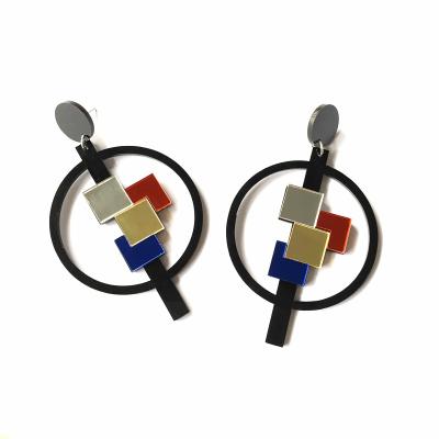 China CLASSIC classic black round with mirror gold small blue squares silver and red acrylic stud earrings for women for sale