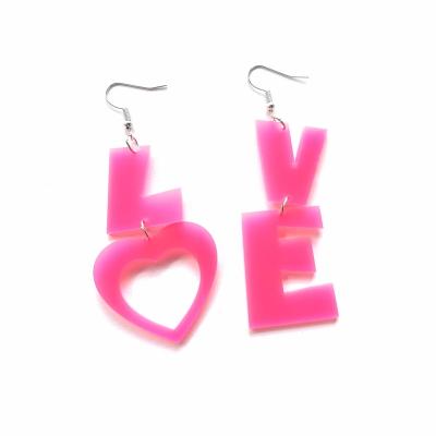 China FASHIONABLE LOVE Heart Letters Jelly Pink Acrylic Long Drop Dangle Earrings For Women for sale