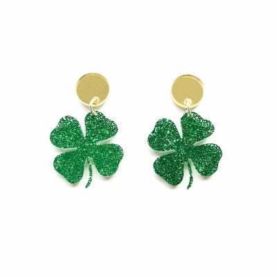 China Factory Cute Glitter Leaf Clover Leaf Mirror Gold Stud Lucky Grass Charm Jewelry Green Acrylic Earrings Four for sale