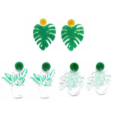 China TRENDY Trendy Green Acrylic Monstera Leaf and Potted Plants Stud Stud Earrings Transparent for sale