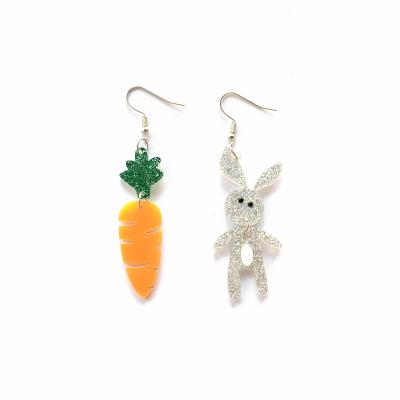 China Green Cute Animal Glitter Color Iridescent Rabbit With Orange Carrot Asymmetrical Acrylic Drop Earrings for sale