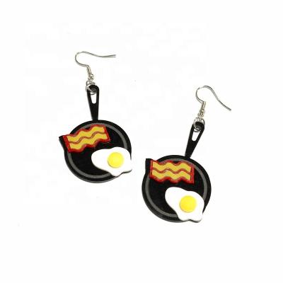 China FASHIONABLE Simulation Funny Food Pan With Bacon And Sunny Black Frying Side Up Egg Acrylic Dangle Earrings for sale