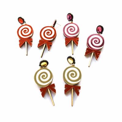 China Mirror Cute Cute Red and Pink Gold Lollipops with Red Bowtie Wood Base Stick Acrylic Stud Earrings for Women for sale