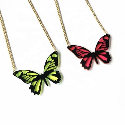 China Cute No MOQ Drop Shipping Initial Laser Cutting Made Acrylic College Style Double Layers Butterfly Pendant Necklace for sale