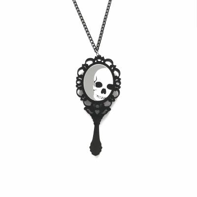 China Vintage Gothic Neo-Gothic Long Skeleton Magic Mirror Silver Pendant Necklace For Women Halloween Party Jewelry for sale