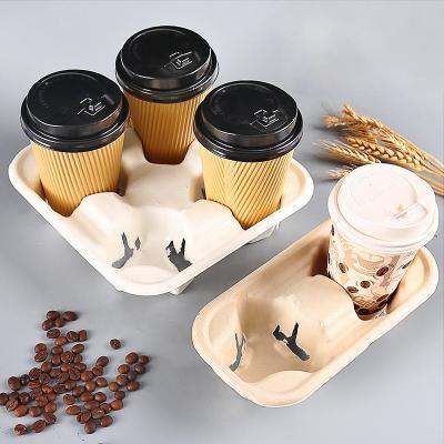 China 2 Compartments Compostable Biodegradable Bagasse Holder Disposable Coffee Cup Tray for sale