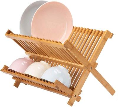 China Bamboo Drying Rack 2-Tier Folding Dish Drainer Kitchen Sustainable Wood Utensils Folding Bamboo Drying Dish Rack for sale