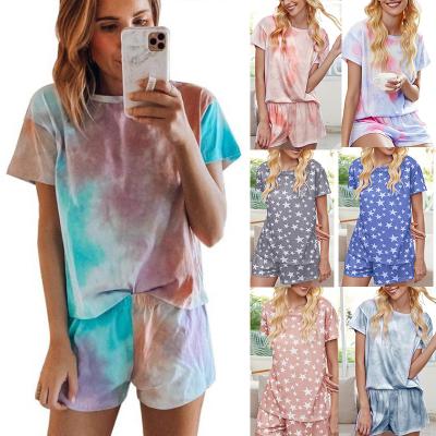 China QUICK DRY ladies pajamas 2021 spring and summer new hot sale women tie dyeing gradient color pajamas short sleeve home wear ladies set for sale