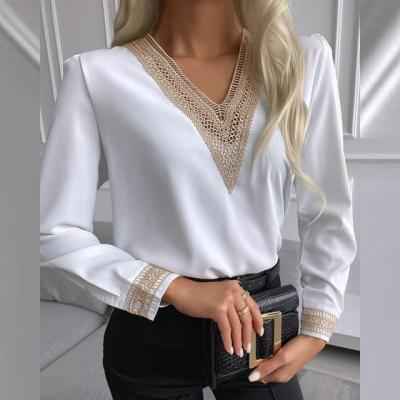 China Main Anti-wrinkle Women's Clothing 2021 Summer New Style Chiffon Shirts Fashion Lace V-Neck Ladies Wholesale Long Sleeve Tops for sale