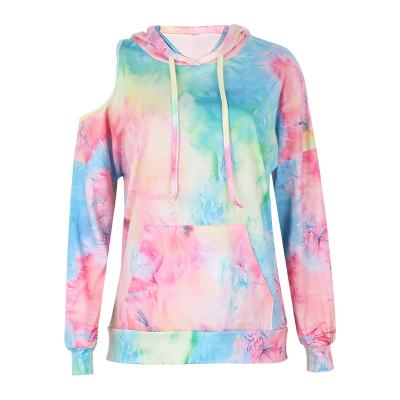 China 2022 New Autumn Polyester Tie Dye Women Soft Long Sleeved Off The Shoulder Hoodie With Pockets for sale