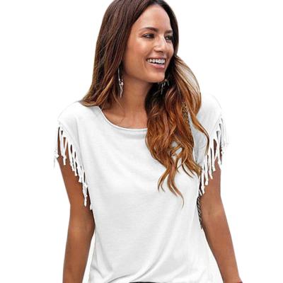 China Soft Tassel Sleevesless Clothing Tops 2021 Trendy Ladies Plain Organic Cotton T-shirts Women for sale