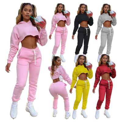 China Anti-pilling 2022 crop custom solid color long sleeve two piece pants set hoodie women plus size short workout tracksuits for sale