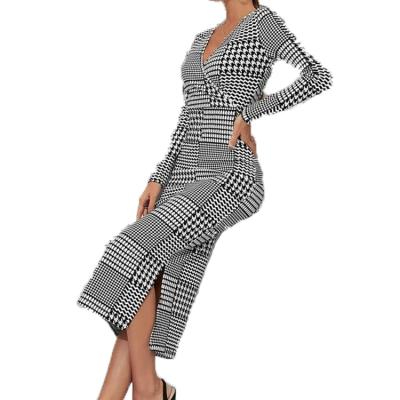 China Special Occasion Dress Women Houndstooth Printing Surplice Soft Top Neck Mini Dress Women for sale