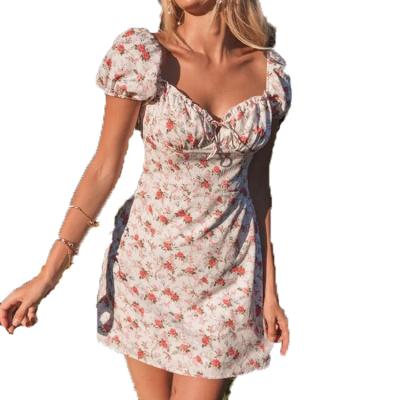 China Sweetly 2021 Mini Dress Women Sweetheart Neck Wholesale Cheap Ruched Puff Sleeve Bodycon Floral Mini Dress Women for sale