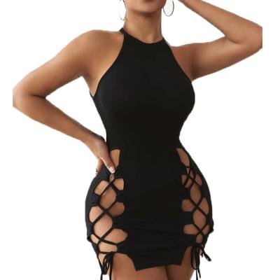 China Match Beautiful Women Sustainable Clothing SXY Lace Up Front Halter Neck Bodycon Mini Dress Women for sale