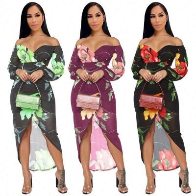 China Tairun anti-static women's sexy tight-fitting net gauze printed deep V dress border women's clothing slit for sale