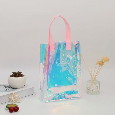 China Fashion Handle Design Custom Holographic PVC Vinyl Rainbow Laser Tote Shopping Bag for sale