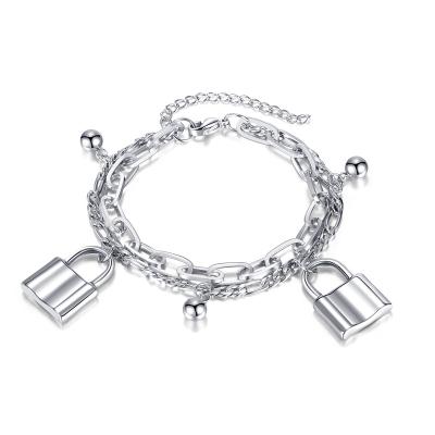 China Hiphop OPK Retro Stainless Steel Trendy Jewelry Multilayer Design Lock Bracelet Women for sale