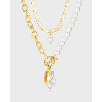 China Trendy Retro Jewelry Stainless Steel CIS Clavicle Chain OT Double Loop Necklace Women Popular Freshwater Pearl for sale