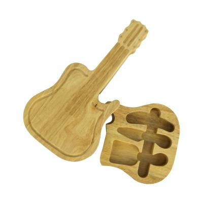 China Sustainable Guitar Cheese Board & Cutlery Set Charcuterie Revolving Rubber Wooden Boards With Knife Set Serving Tray for sale