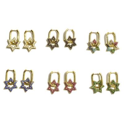 China TRENDY 2021 Women Gold Plated Colorful CZ Lucky Star Big Hoop Dangle Statement Earrings For Gift for sale