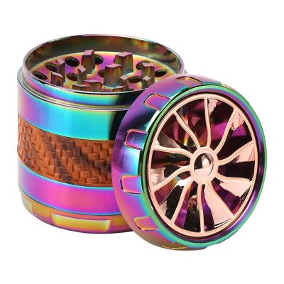 China Rainbow Color+Wood Transitional LOGO 63mm Custom Fan Shape Herb Hand Grinder 4 Layers Zinc Alloy Metal Tobacco Accessories for sale