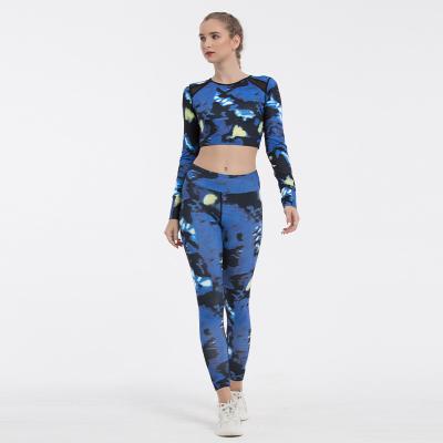 China Breathable Women 2pcs Printed Yoga Set Sports Suit Gymwear Workout Clothes Gym Crop Top Long Sleeve High Waist Leggings Fitness Sports Wear for sale