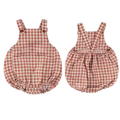 China Wholesale Leg Openings 35% Cotton 65% Cotton Woven Baby Gingham Elastic Baby Romper Custom Adjustable One Piece Canvas Newborns Clothes Canvas Jumpsuits for sale