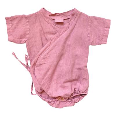 China Custom 50% Summer Canvas Newborn Kids Wear Baby Canvas Short Sleeves Twill Ties Crossover Neckline Baby Rompers for sale