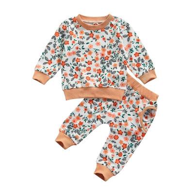 China Beautiful Custom Organic Cotton 2 Pieces 100% Anti Shrink Designers Floral Sweatshirt Baby Clothing Sets for sale