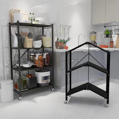 China Wholesale Supply Black Metal Wire 3-Tier Folding Kitchen Corner Cart Storage Shelf Kitchen Shelf Organizer for sale