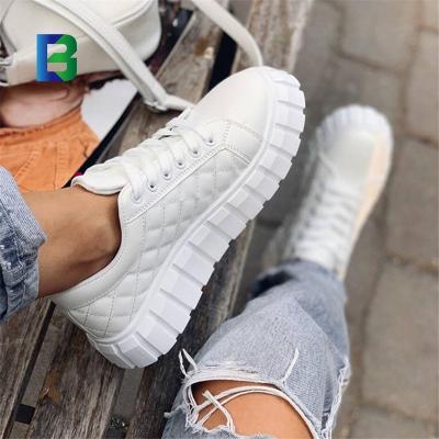 China Fashion trend since white women's new PU leather lace-up sport casual rhombic fashion thick bottom working shoes for sale