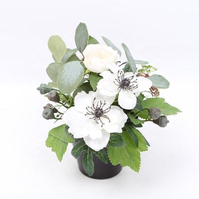 China New Design Artificial Flower Fashional Home Decoration Artificial White Flower With Green Leaves In Pot for sale