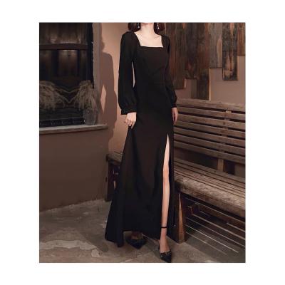 China Black Breathable Elegant Sexy Square Collar Satin Cocktail Dress Long Sleeves Split High A Line Waist Vintage Wedding Cocktail Party Prom Dresses for sale