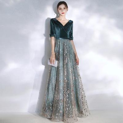 China Vintage Velvet Anti-Static Bridesmaid Dresses Sexy V-Neckline A-Line Lace Up Long 2022 Half Sleeve Bling Backless Formal Prom Evening Dresses for sale