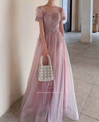 China 2022 Sparkly Sequined Applique Anti-Static Pink O-neck Bridesmaid Dresses Illusion Beading Sexy Backless A-Line Wedding Party Prom Dresses for sale