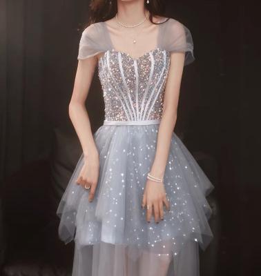 China Anti-wrinkle Sequin Blue Prom Dresses Line One Collar Square Short Sleeve Shiny Off The Shoulder Formal Banquet Wedding Guests Evening Party Dresses New for sale