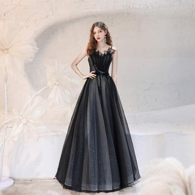 China Anti-wrinkle vintage black spaghetti strap prom dress ruffles beading strapless backless even sleeveless slim line celebrity dresses new for sale